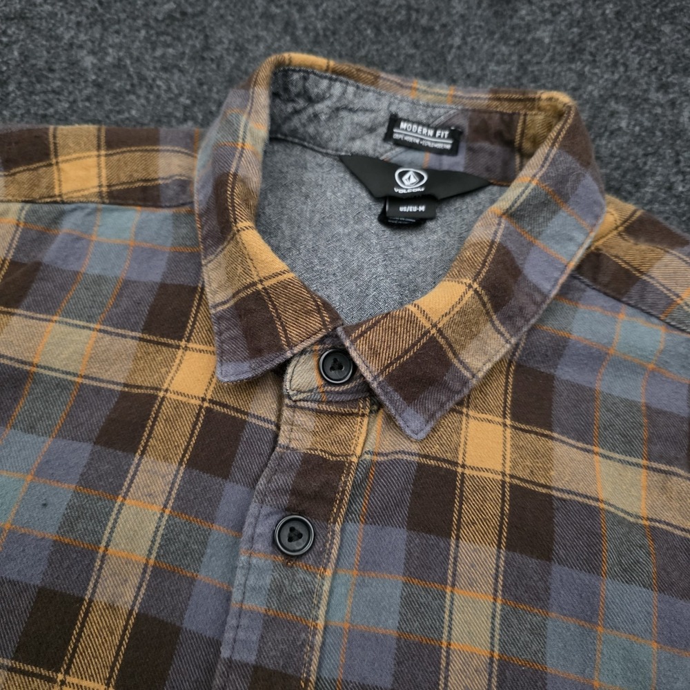 Volcom Mens Medium Brown Yellow Plaid Modern Fit Flannel Button Up Shirt